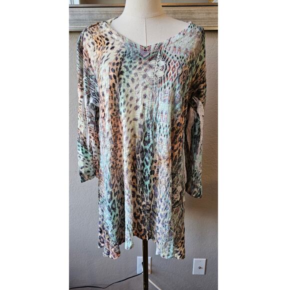 Jess & Jane 3/4 Sleeve Boho Safari Pullover Tunic Top Women Size M Multicolor - Picture 1 of 5